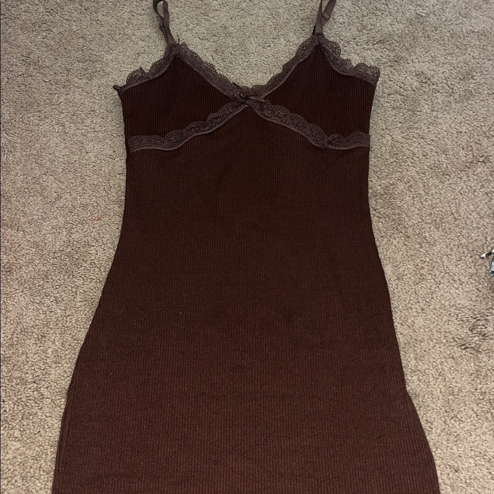 Brown Lace Trim Dress Body Con
